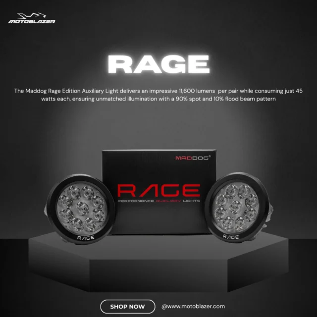 Dominate the Night: Meet Maddog Rage 

✨ 11,600 lumens (pair)
✨ 45 W each (total 90 W)
✨ Beam pattern: 90% Spot + 10% Flood
✨ Immense reach: up to 380 m spot, 50 m wide flood
✨ Nichia LEDs → 50,000 hrs life
✨ Sleek black gloss aluminium housing
✨ IP67 waterproof/dustproof
✨ Warm white color: 5000‑5700 K
✨ 18‑month replacement warranty (India-made) 

 MRP: ₹11,750/-
 Shop now:www.motoblazer.com
Contact: 7899260004

#MaddogRage #AuxiliaryLights #MotoBlazer #RiderGear #NightRideEssentials #MotorcycleMods #OffroadLighting #RidersOfInstagram #RideBright #AdventureReady #IndianRiders #MotoLighting #ExtremeVisibility