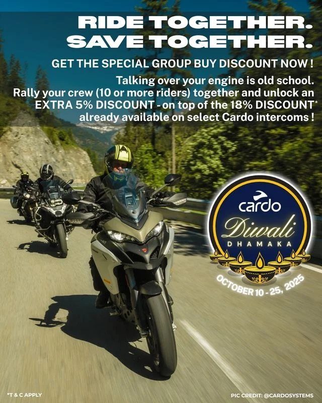 Cardo's Diwali Dhamaka is HERE!

This festive season get unbeatable offers, group buy discounts & ride with crystal-clear comms! 🤟🤟

😍OFFER 1-GO WITH CARDO: Get a FLAT 18% OFF  on select Cardo intercoms!

😍OFFER 2-RIDE TOGETHER, SAVE TOGETHER: Got a riding crew? Rally your crew (10 or more riders) together and unlock an EXTRA 5% DISCOUNT* - on top of the 18% DISCOUNT already available on select Cardo intercoms!

Upgrade your rides with crystal-clear comms — because shouting over your engine is so last season!

📞 Contact: 7899260004
🛒 Available In-store Pickup & Online at www.motoblazer.com

Limited-time offer. 
T&C Apply

#CardoSystemsIndia #CardoSystems #AskForCardo #Communication #Upgrade ToMesh #CardoGroupBuyDiscount #DiwaliDhamaka #CardoSale